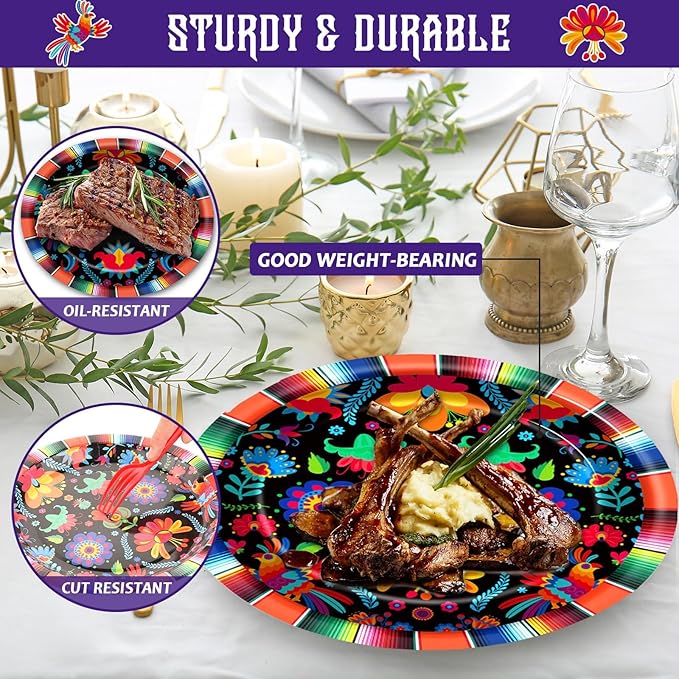 50 Guests Mexican Fiesta Plates and Napkins Party Supplies Mayo Datura Flower Party Decorations Disposable Tableware Set Day of The Dead Dinnerware Favor for Pinata Taco Theme Decor, 200PCS