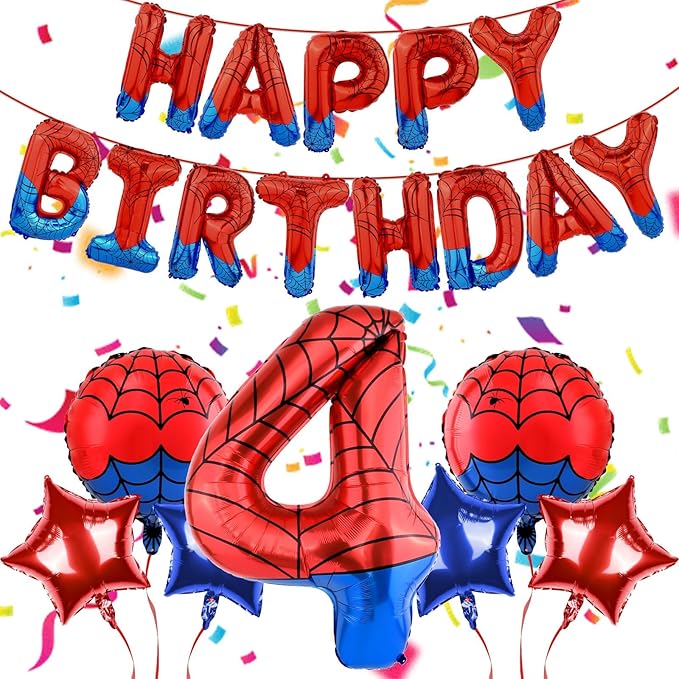 Spider Themed Happy Birthday Banner Party Decorations Set Including 40 Inch Number 4 Foil Balloons, Themed Party Essentials, Colorful Superhero Backdrop Supplies for Boys Indoor Outdoor Celebration
