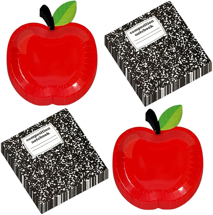 48 Pcs Back to School Tableware Set First Day of School Party Supplies Red Apple Paper Plates Composition Notebook Napkins Classroom Decoration for Kindergarten Preschool Teacher Party Serve 24