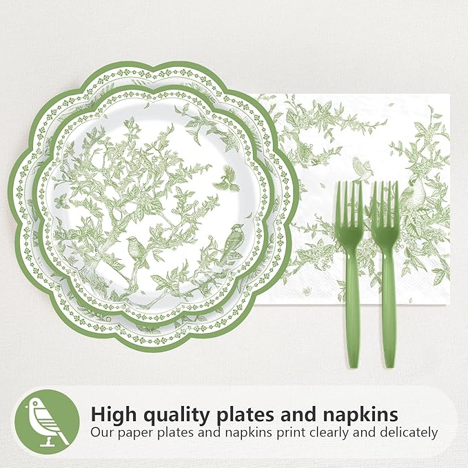 96Pcs Green Hummingbird Flowers Party Supplies Sage Green Bird Floral Plates and Napkins Disposable Vintage Spring Floral Tableware Set for Birthday Picnic Dinner Party Decorations Serves 24