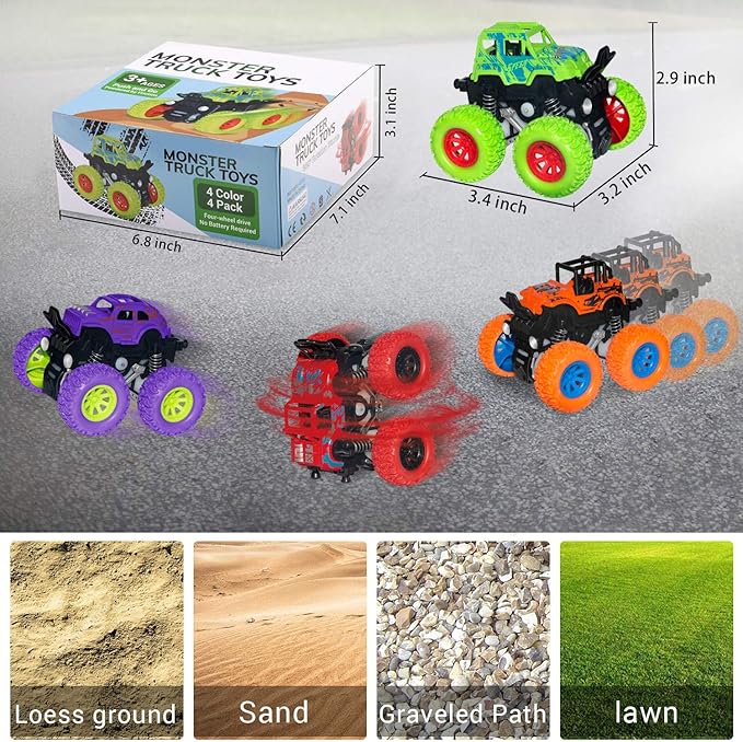 Monster Truck Toys - Friction Powered Toy Cars Push and Go Vehicles for Toddlers Kids Best Christmas Birthday Party Gift for Boys Girls Aged 3 and Above 4-Pack