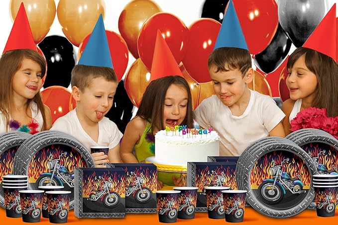Motorcycle Biker Birthday Party Supplies Set Plates Napkins Cups Tableware Kit for 16