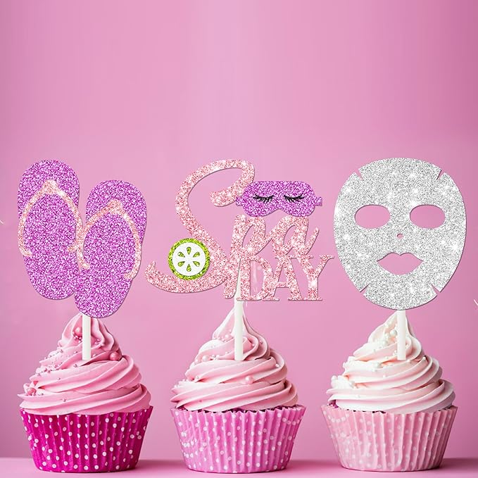 Spa Cupcake Topper Glitter Makeup Themed Birthday Cupcake Decorations 24Pcs Spa Party Cupcake Picks Spa Day Mask Slumber Cake Decor for Makeover Mask Sleepover Birthday Party Supplies