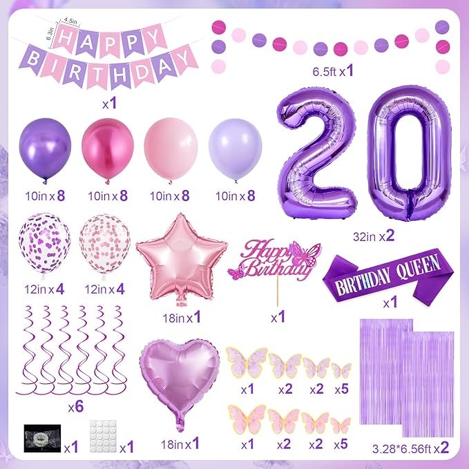 20th Purple Birthday Decorations for Women, Pink and Purple Happy 20 Birthday Party Decorations with Happy Birthday Banner, Number Foil Balloons, Butterfly Cake Topper for 20th Party Supplies