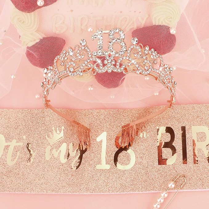 Semato 18th Birthday Decorations for Her Sash and Crown Tiara Kit Rose Gold 18th Birthday Gifts for Girls Party Supplies