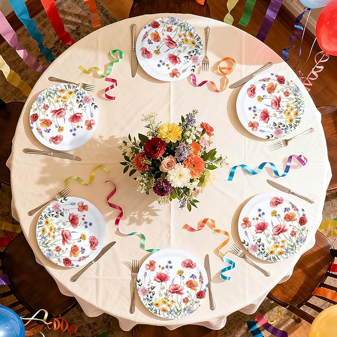 50Pcs Poppy Floral Party Supplies 9" Heavy Duty Watercolor Wildflowers Paper Plates Disposable Red Poppy Flowers Platter for Seasonal Bridal Shower Birthday Wedding Picnic Party Decorations