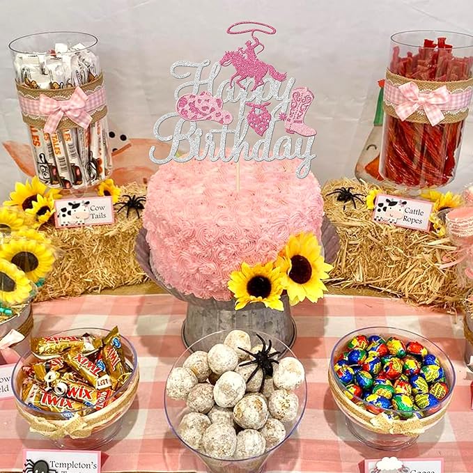 1 PCS Cowgirl Happy Birthday Cake Topper - Silver Glitter Western Hat Boot Disco Pick Decoration for Theme Women Party Supplies