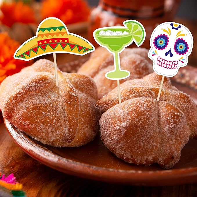 48 PCS Cinco De Mayo Cupcake Toppers, 12 Style Mexican Party Decorations, Chili Cactus Sombrero Printing Design Fiesta Cake Toppers Cupcake Picks, Cinco De Mayo Decor for Mexican Party