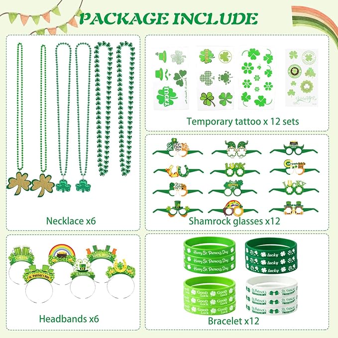 Ansoufien 48 PCS St. Patrick's Day Accessories & Irish Party Supplies - 6 Headbands, 12 Glasses, 6 Necklaces, 12 Wristbands, 12 Sheets (33 Patterns) Tattoos - Shamrock Dress Up