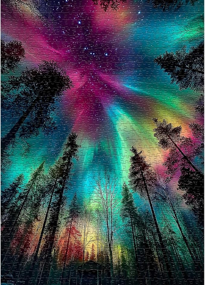 Impossible Puzzles for Adults 1000 Pieces, PICKFORU Forest Aurora Jigsaw Puzzle, Nature Scenery Colorful Puzzles Plant Scenic Challenge