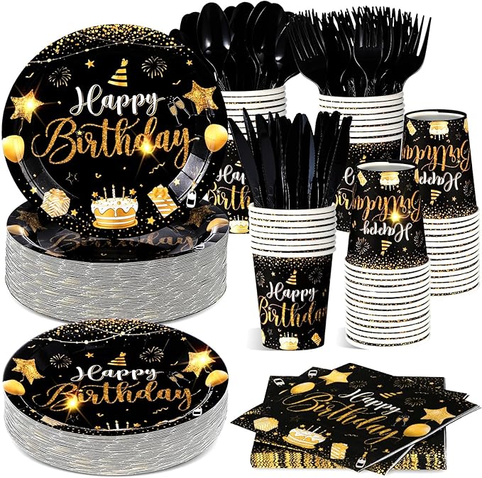 Vesici 350 Pcs Happy Birthday Party Supplies Disposable Party Tableware Set Serves 50 Included Plates Napkins Cups Cutlery for Men Woman 50th 80th Birthday Party Decorations (Black Gold)