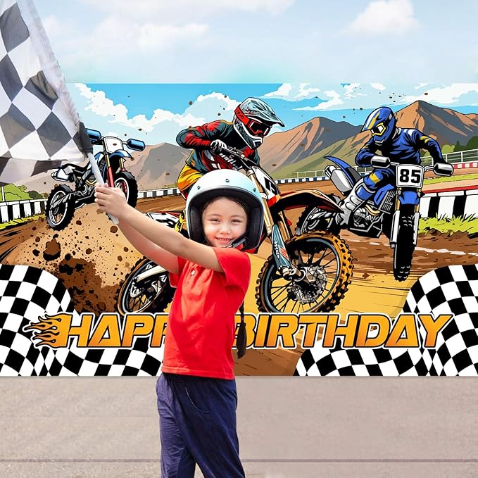 Dirt Bike Birthday Decorations, Dirt Bike Happy Birthday Banner Backdrop, Motocross Theme Backdrop Banner Party Supplies Decorations