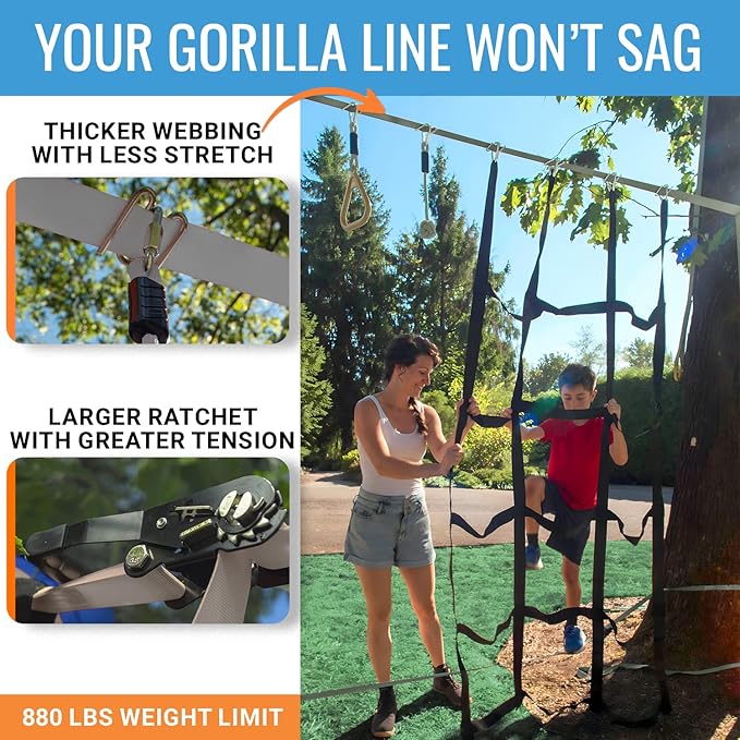 Hyponix Ninja Warrior Obstacle Course for Kids – 2 x 60 ft Slackline with 13 Outdoor Ninja Obstacles, Supports 880lbs – Monkey Net, Ratchet-Tight Tech, Climbing, Swinging & Balance Training, Ages 3+