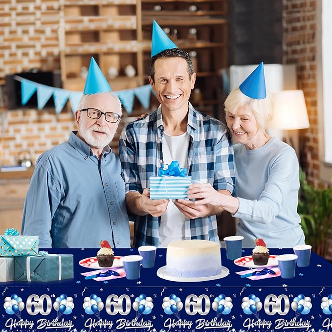 3 Pack Blue Silver 60th Birthday Tablecloth Decorations for Men, Navy Blue Happy 60 Table Cover Party Supplies, Sixty Years Old Birthday Disposable Table Cloth for Indoor Outdoor