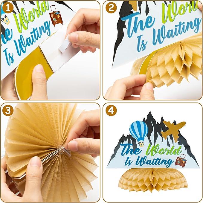 OSNIE 12Pcs Travel Themed Honeycomb Centerpieces Table Toppers Adventure Awaits Party Decor Travel Around The World Bon Voyage Table Decor Photo Props for Let The Adventure Begin Going Away Party