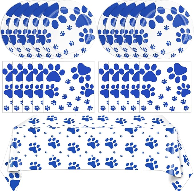 41PCS Blue Dog Paw Prints Birthday Party Supplies Include Plates Napkins Tablecloth Pet Party Decorations for Puppy Theme Party Picnic Baby Shower
