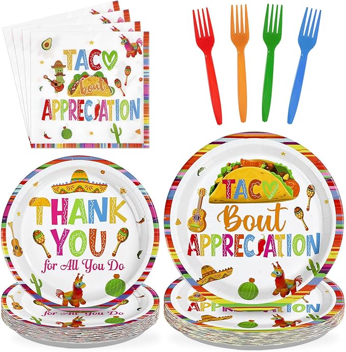 96Pcs Mexican Taco Bout Appreciation Party Decorations Thank You for All You Do Plates and Napkins Mexican Tacos Decorations for Teacher and Staff Appreciation Cinco De Mayo Party Supplies Serves 24