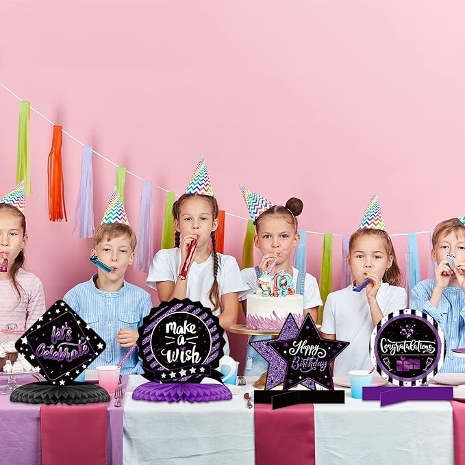 Clabby 12 Pcs Purple Black Birthday Decorations Purple Happy Birthday Table Centerpieces Honeycomb Cute Table Top for Women Men Photo Best Wishes Anniversary Party Supplies 20th 30th 40th 50th 60th