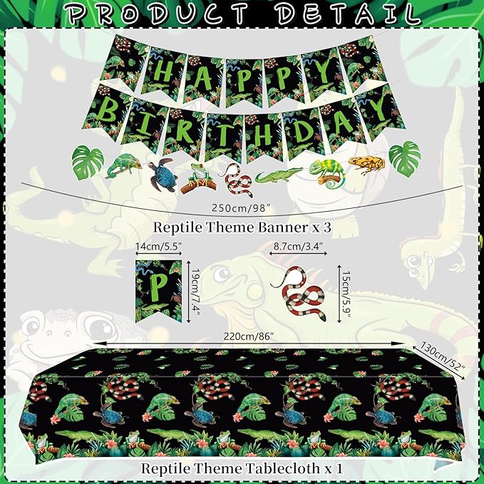 KEFAN Reptile Party Decorations, Wildlife Lizards Snakes Crocodiles Party Tableware Supplies including HAPPY BIRTHDAY Banner, Plates, Cups, Napkins, Tablecloth, Balloons-Serves 20