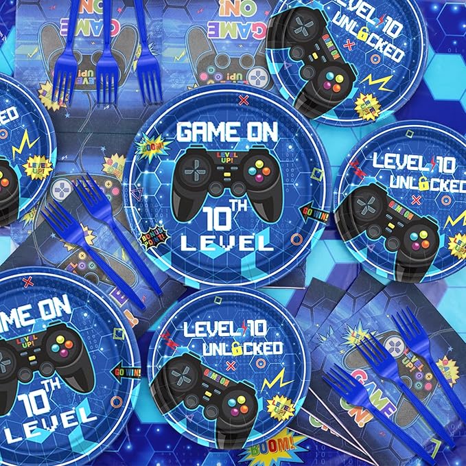 10th Birthday Decorations for Boys, 81 Pcs Level 10 Video Game Party Decorations, Including Video Game Plates Napkins Tablecloth Forks for Gamer Birthday Party, Serves 20, Blue