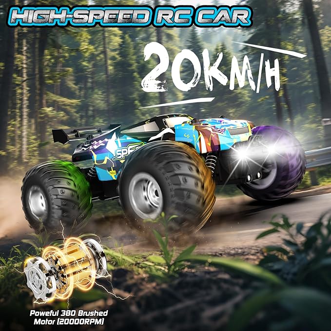 Remote Control Car, 2WD Off-Road Rc Truck, 20 KM/H All-Terrain RC Cars with Headlights & Body Lights, 2.4GHz, 2 Batteries, Remote Control Car for Boys 4-7 8-12, Gift Toys for Boys Girls