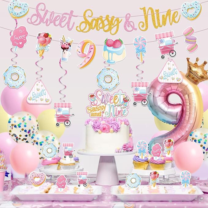 Sweet Sassy And Nine Birthday Decorations- 9th Birthday Decorations For Girls With Donut Banner Sweet Cake Topper 9th Foil Balloon For 9th Donut Themed Party Decor Sweet Nine Party Supplies