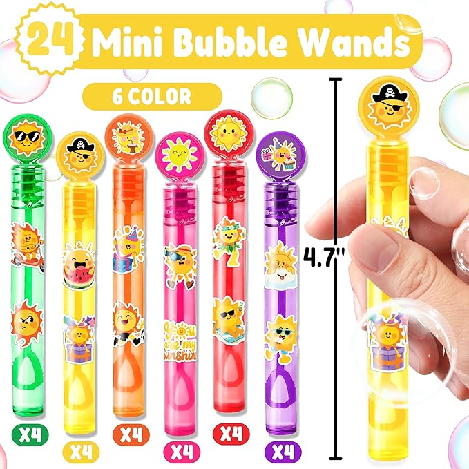 Sunshine Party Favors for Kids - 24PCS Smiling Sun Bubble Wands Bright Happy Theme Birthday Party Supplies Goodie Bag Fillers Classroom Rewards