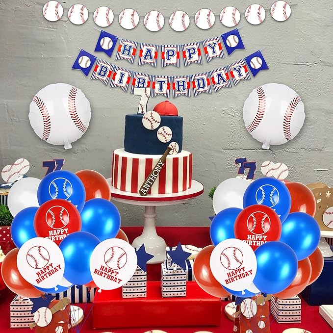 53 PCS Baseball Party Decorations Baseball Party Supplies Including Happy Birthday Banner Balloons and Baseball cake toppers for Sports Theme Birthday Party and Baseball Theme Party Decor