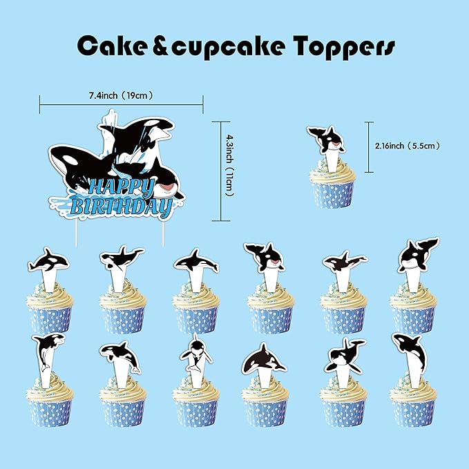 Orca Birthday party Decorations Killer Whale theme party Supplies Include Banner Balloons Cake Topper Cupcake Toppers Invitation Cards Tabletop Honeycomb Decorations