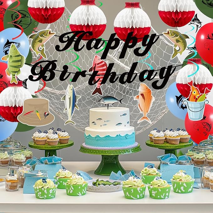 Gone Fishing Party Decorations Kit Include Hanging Banner Swirl Balloons (Happy Birthday)