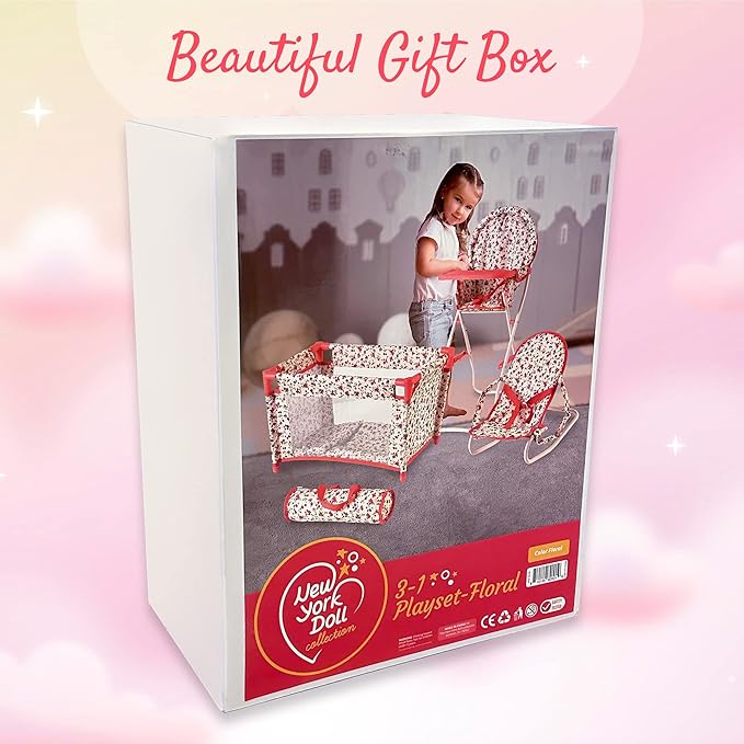Floral Baby Doll Accessories Set, 3-1 Baby Doll Crib, Baby Doll High Chair & Bouncer Seat. 18 inch Doll Accessories with Doll Bed. 18" Dolls Furniture Play Stuff. Toys for Girls Ages 3-5,4-6,5-7,8-10