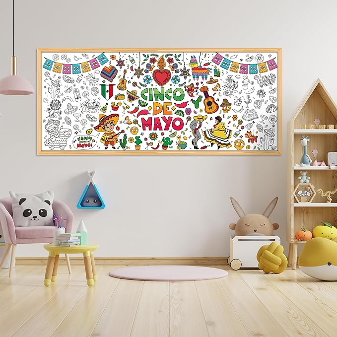 OHOME Cinco De Mayo Giant Coloring Poster/Tablecloth - 30 x 72 Inches Jumbo Coloring Banner Kids Crafts Games Accessories Gifts Decor - Fiesta Mexican Party Decorations