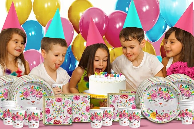Kitten Kitty Cat Floral Birthday Party Supplies Set - Cat Birthday Party for Girl - Kitten 1st Birthday Party - Spring Party - Boho Party - Tableware Includes Plates, Napkins and Cups | Kit for 16