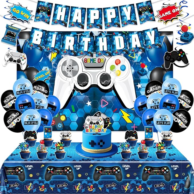 45Pcs Gamer Birthday Party Decorations - Gaming Party Supplies with Backdrop, Banner, Tablecloth, Balloons, Swirls & Cake Toppers for Video Game Theme, Blue