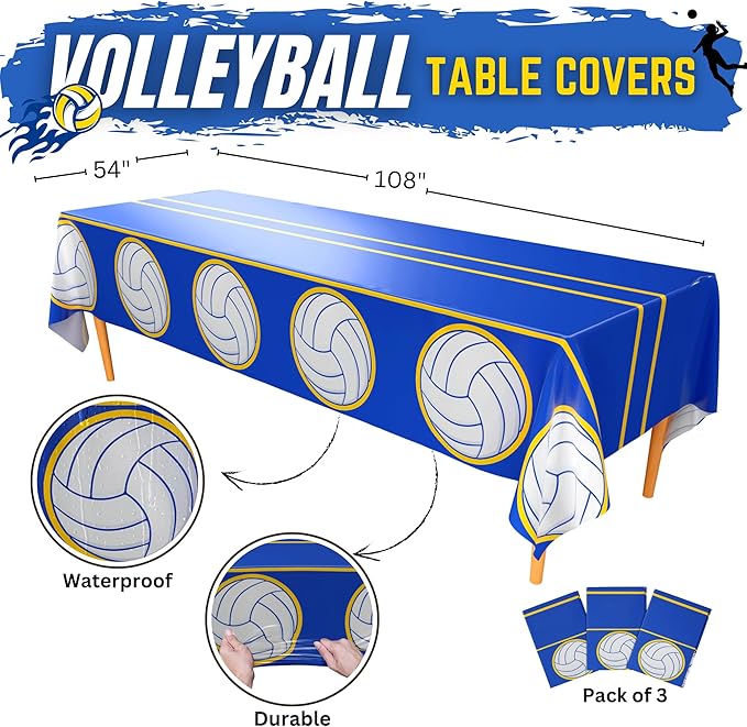 Blue Orchards Volleyball Table Cover (Pack of 3) - 108"x54" Volleyball Decorations, Sports Themed Birthday Party Supplies, Volleyball Plates and Napkins, Volleyball Party Décor