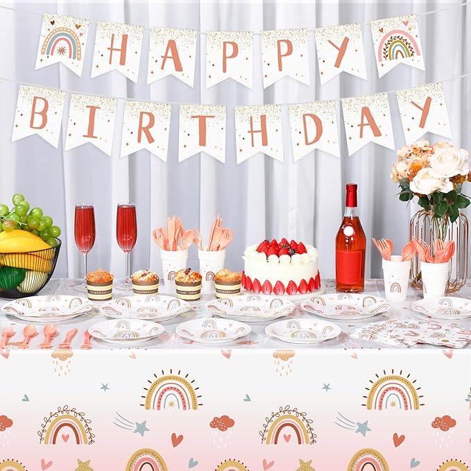 Hestya 145 Pcs Boho Birthday Party Supplies Include Rainbow Plates Tablecloth Cups Napkins Knives Forks Spoon Boho Happy Birthday Banner for Rainbow Baby Shower Party Decoration Supplies for 20 Guests