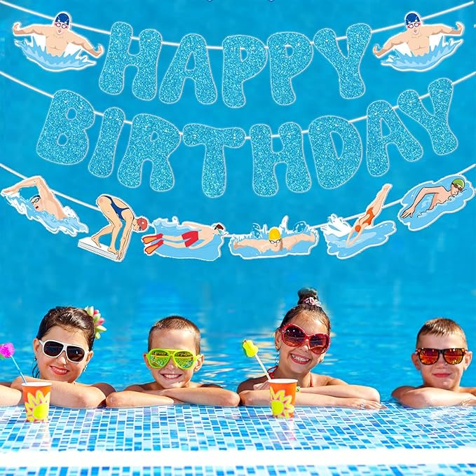 Zwiebeco Blue Swimming Happy Birthday Party Decoration Banner Bunting Garland Hanging Paper for Boys Girls Men Women Kids Adults Summer Pool Swim Sports Themed Birthday Decor Accessories Supplies