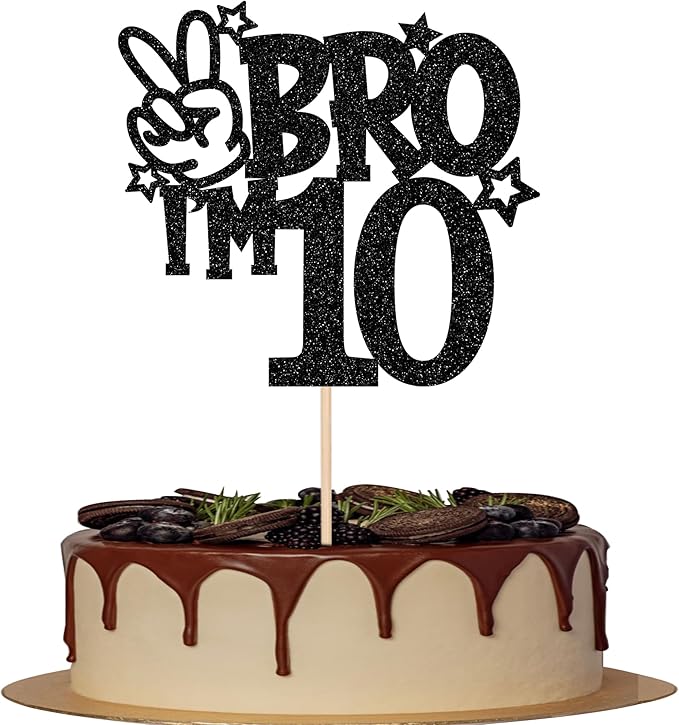 1 PCS Brother I'm 10 Cake Topper Glitter Star Happy 10th Birthday Cake Pick Bro I'm 10 Cake Decoration It's My 10th Birthday Decorations for Boys Cheers to 10 Years Old Birthday Party Supplies Black