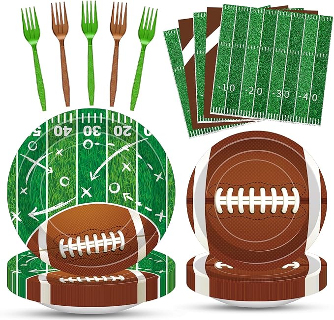 100 Pcs Football Party Supplies Set, Serves 25 – Disposable Football and Field Design Paper Plates, Napkins, and Forks, Game Day Tailgate Themed Tableware for Sports Birthday and Team Decorations