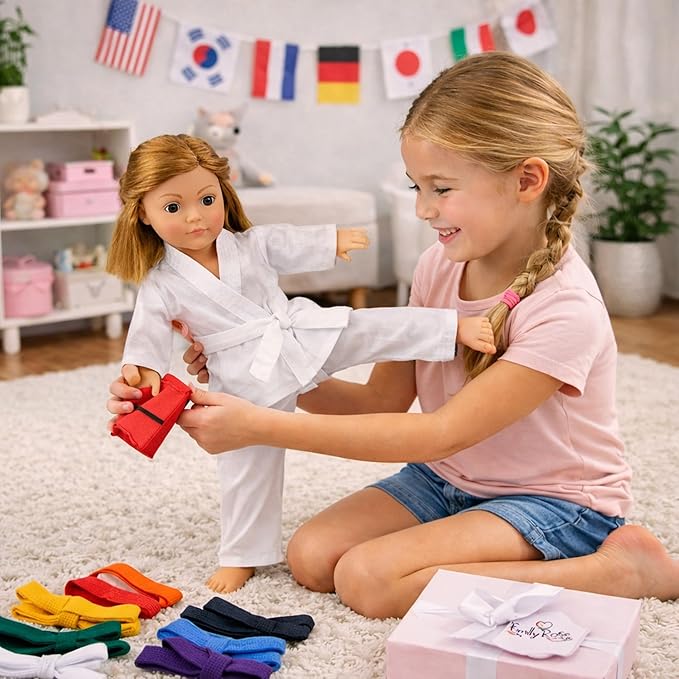 Emily Rose 18 Inch Doll Karate Outfit – 11 Pc Martial Arts Taekwondo Doll Clothes & Accessories Set with 9 Ranking Belts, Gi Uniform, Kick Pad, Gift Boxed from Trusted USA Brand (No Doll)