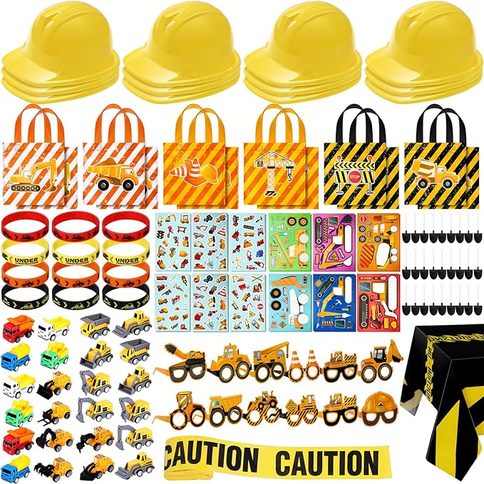 Sratte 148 Pcs Construction Birthday Party Supplies Include 12 Construction Hat, 24 Truck Toy, 24 Vehicle Sticker, 12 Silicone Bracelet, 12 Goodie Bag, 12 Paper Glasses, 50 Shovel, 1 Tablecloth 1 Tape