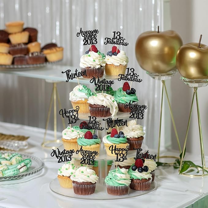 30Pcs Happy 13th Birthday Cupcake Toppers Glitter Thirteen Vintage 2013 Cupcake Picks Cheers to 13 Fabulous Cake Decorations for 13th Birthday Wedding Anniversary Party Supplies Black