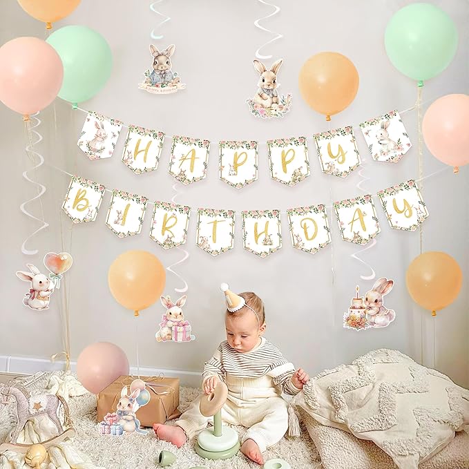 Bunny Birthday Decorations Kit, 36PCS Easter Bunny Party Supplies with Happy Birthday Banner, Hanging Swirls Ceiling Decoration and Balloons for Girls Baby Shower Rabbit Themed Party