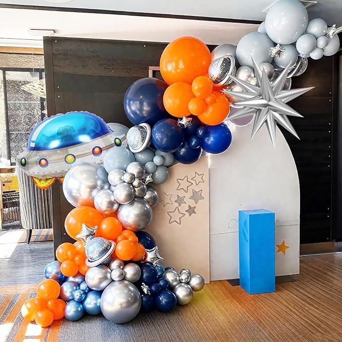Outer Space Balloons, 12 Inch Orange Metallic Silver Blue Dark Blue Balloons with UFO and Silver Star Foil Balloon for Boys Galaxy Birthday Baby Shower Space Themed Party Decorations