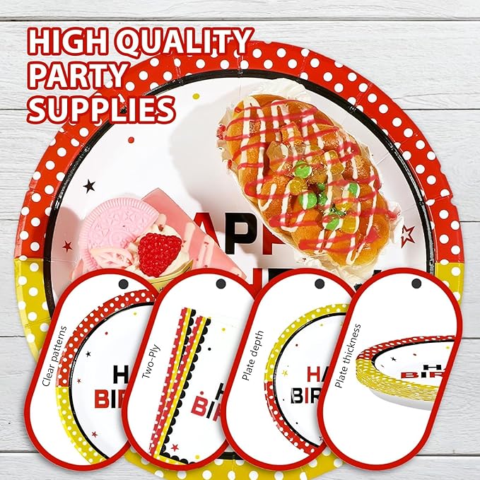 96Pcs Cartoon Mouse Birthday Decorations Mouse Theme Plates and Napkins Red Yellow White Polka Dot Decorations Favors for Kids Birthday Baby Shower Cartoon Theme Party Supplies Serves 24