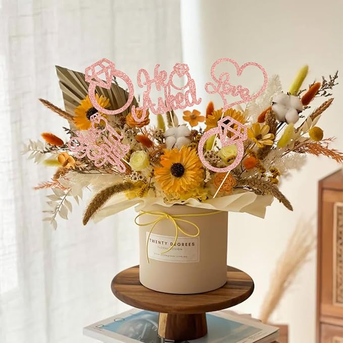 Gyufise 12Pcs Engagement Centerpiece Sticks Double Sided He Asked She Said Yes Diamond Ring Heart Table Centerpiece Sticks for Wedding Bridal Shower Party Supplies Rose Gold