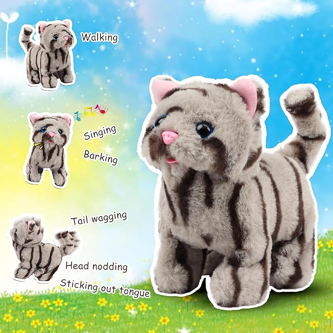 Easfan Walking Kitty Plush Toy Electric Interactive Cat Stuffed Animal Meowing Tail Wagging Head Nodding Cat Pet Toy Animated Kitten Birthday for Kids Toddlers,9"