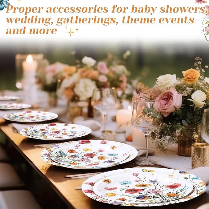 60 Pcs Spring Wildflower Paper Plates 9 in and 7 in Floral Party Decorations Butterfly Plates Wild Floral Disposable Dinner Tableware for Baby Shower Wedding Tea Summer Birthday Supplies