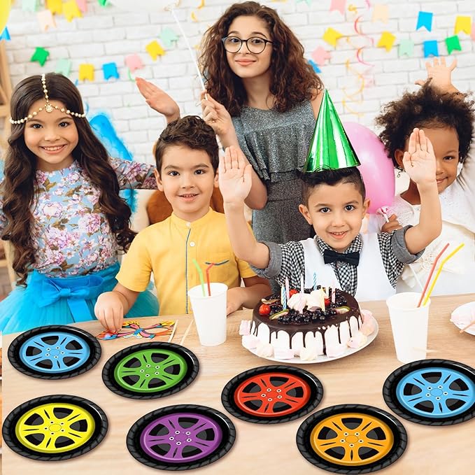 48Pcs Race Car Party Supplies Colorful Tire Paper Plates 7" Racing Sports Themed Dessert Plates Racing Truck Themed Party Decorations for Kids Boys Birthday Baby Shower Favors Serves 48 Guests