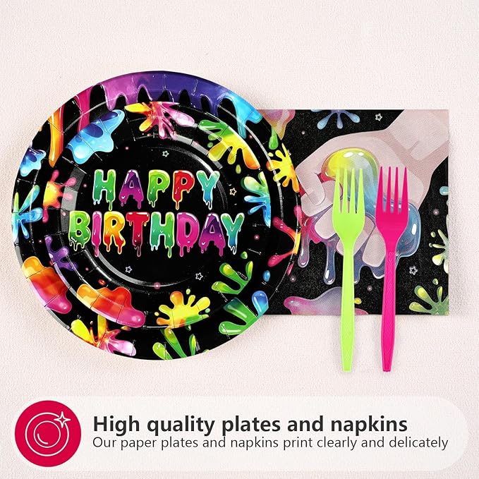 96Pcs Slime Birthday Party Supplies It's Slime Time Plates and Napkins Colorful Splash Splatter Theme Disposable Paper Tableware Set for Kids Boys Girls Birthday Party Decoration Serves 24